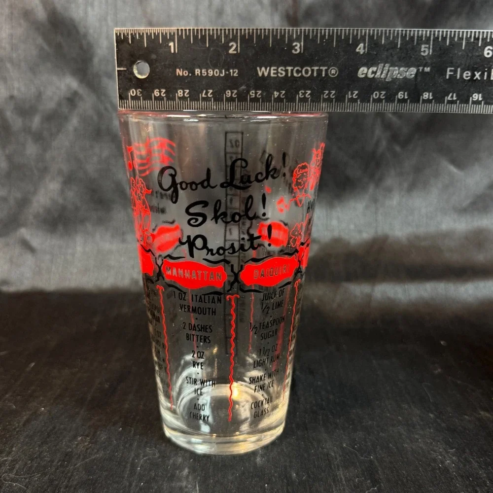 Vintage Federal Glass Cocktail Recipe Mixing Glass Red Black Mid Century 12oz